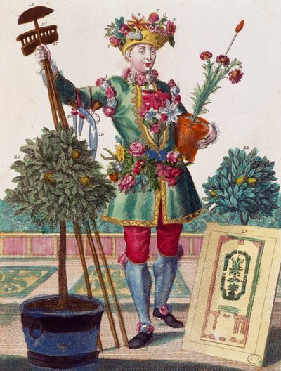 Giardiniere, incisione da Assemblage des nouveau manouvries habilles di Martin Engelbrecht, Germania da Martin Engelbrecht