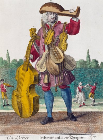 Suonatore di liuto (incisione da Assemblage des nouveau manouvries habilles di Martin Engelbrecht) da Martin Engelbrecht