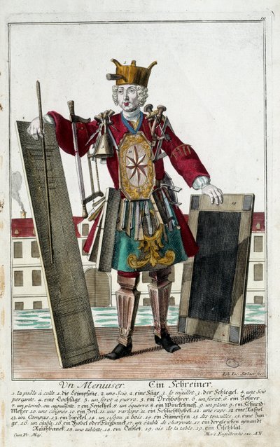 Mestiere: Un falegname. Incisione di Martin Engelbrecht (1684-1756), in "Nuova assemblea delle manovre vestite" XVIII secolo, Germania. Parigi, Arti Decorative da Martin Engelbrecht