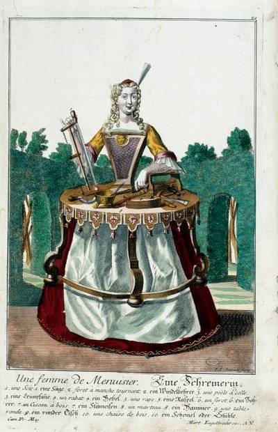 Mestiere: La moglie di un falegname. Incisione di Martin Engelbrecht (1684-1756), in "Nuovo assemblaggio delle manovre vestite" XVIII secolo, Germania. Parigi, Arti Decorative da Martin Engelbrecht