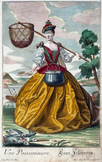 Mestiere: Un pesce. Incisione di Martin Engelbrecht (1684-1756), in "Nuova assemblea delle manovre vestite" XVIII secolo, Germania. Parigi, Arti Decorative da Martin Engelbrecht