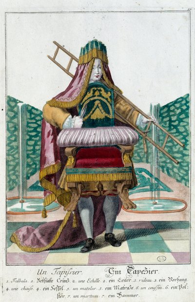 Mestiere: un tappezziere. Incisione di Martin Engelbrecht (1684-1756), in "Nuovo assemblaggio delle manovre vestite" XVIII secolo, Germania. Parigi, Arti Decorative da Martin Engelbrecht