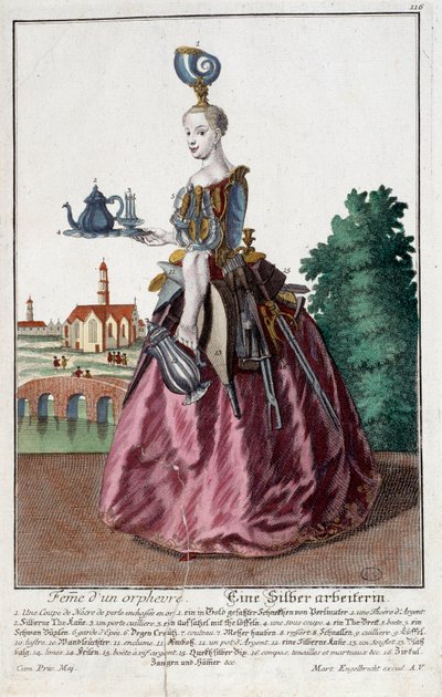 Mestiere: Donna con un pesce rosso (incisione di Martin Engelbrecht in 