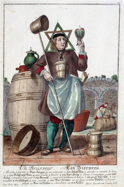 Rappresentazione di un birraio con una fontana, un bicchiere, una brocca, un secchio, una botte, un martello, una ciotola, un brocco, una caldaia. Incisione di Martin Engelbrecht da Martin Engelbrecht