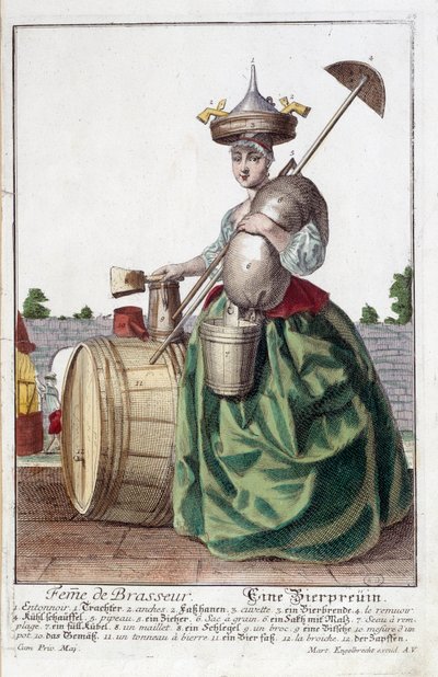 Rappresentazione della moglie di un birraio, con un imbuto sulla testa, un sacco di grano, una ciotola, un secchio, una botte di birra. Incisione di Martin Engelbrecht da Martin Engelbrecht