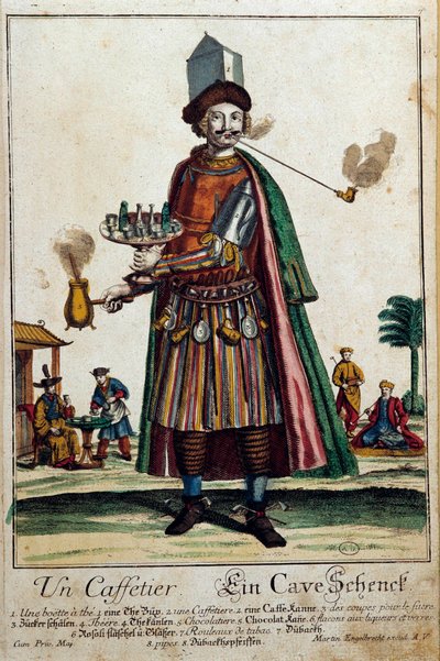 Il caffettiere: un uomo che indossa una caffettiera e un servizio. Incisione di Martin Engelbrecht (1684-1756) XVIII secolo Parigi, Arti Decorative da Martin Engelbrecht