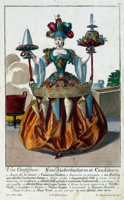 Il pasticcere: una giovane donna che tiene un vassoio di dolci e confetteria. Incisione di Martin Engelbrecht (1684-1756) XVIII secolo. Parigi, Arti Decorative da Martin Engelbrecht