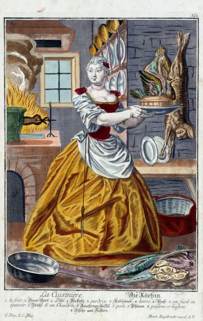 Il cuoco. Incisione di Martin Engelbrecht (1684-1756), in "Nuova assemblea delle manovre vestite" XVIII secolo, Germania. Parigi, Arti Decorative da Martin Engelbrecht