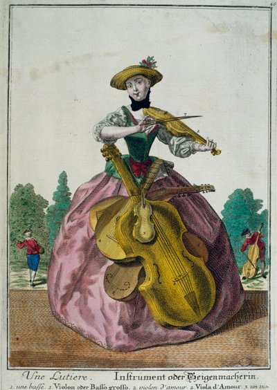 Una liutaia, liutista con viola, violoncello e violino, di Martin Engelbrecht (1684-1756), stampa a colori, Francia da Martin Engelbrecht