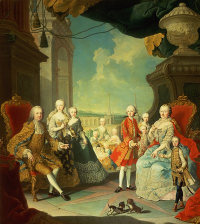 Maria Teresa e suo Marito sulla Scalinata che conduce dalla Grande Sala del Castello di Schönbrunn al grande cortile, con i loro figli Giuseppe II, Carlo, Leopoldo II, Ferdinando, Mariana, Elisabetta da Martin II Mytens or Meytens