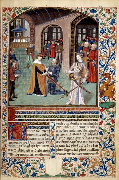 Allegoria della Virtù: vassallo che rende omaggio al suo signore in presenza della Virtù. Miniatura da "Lo Spirito della Fortuna e della Virtù" di Martin Le Franc (1410-1461) 1447-1448, Parigi B.N. da Martin Le Franc