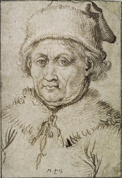 Immagine a busto nudo di un uomo anziano con collo di pelliccia e cappello da Martin Schongauer
