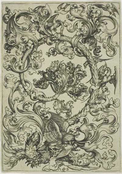 Ornamento con gufo beffato da uccelli diurni da Martin Schongauer