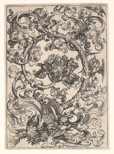 Ornamento con gufo deriso dagli uccelli diurni da Martin Schongauer