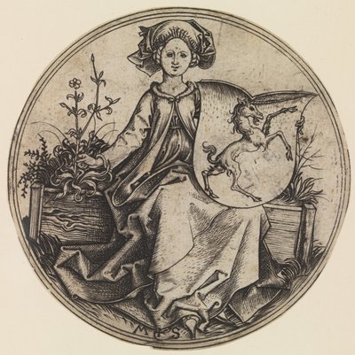 Dama seduta che tiene uno scudo con un unicorno da Martin Schongauer