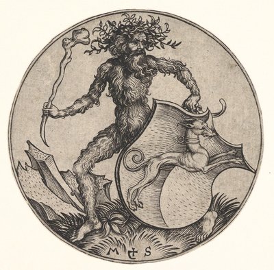 Scudo con levriero tenuto da uomo selvaggio, ca. 1435-1491 da Martin Schongauer