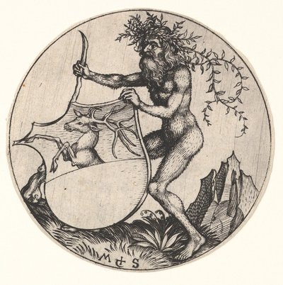 Scudo con cervo tenuto da uomo selvaggio da Martin Schongauer