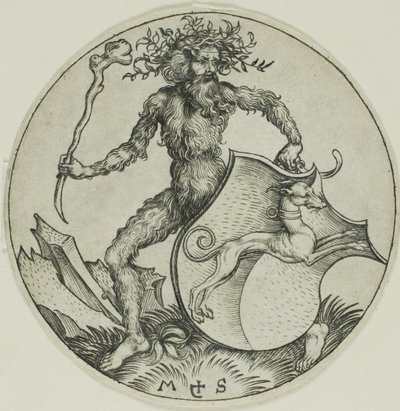 Scudo con un levriero, tenuto da un uomo selvaggio da Martin Schongauer
