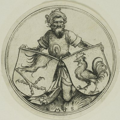 Scudo con zampa di grifone e scudo con gallo sorretto da un moro da Martin Schongauer