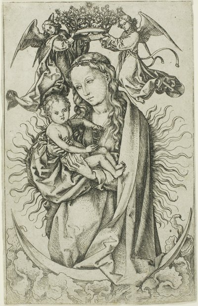 La Madonna sulla mezzaluna incoronata da due angeli da Martin Schongauer