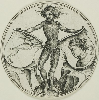 Due scudi con una lepre e una testa di moro, tenuti da un uomo selvatico da Martin Schongauer