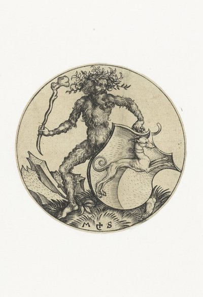 Stemma con un cane, tenuto da un uomo selvaggio con una clava da Martin Schongauer