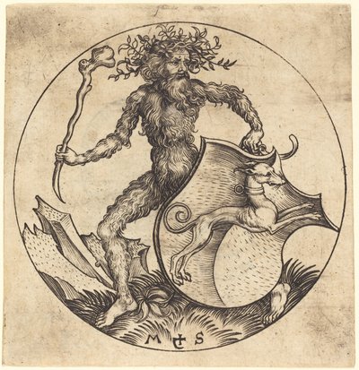 Uomo selvaggio che tiene uno scudo con un levriero da Martin Schongauer