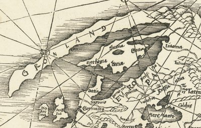 Mappa del 1513 del Mare del Nord che mostra la Groenlandia collegata alla Scandinavia da Martin Waldseemuller