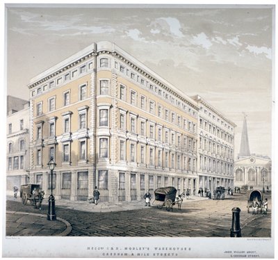 Magazzini dei signori J&R Morley, angolo tra Milk Street e Gresham Street, Londra, c. 1840 da Martin and Hood