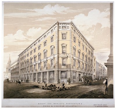 Magazzini dei signori J&R Morley, angolo tra Wood Street e Gresham Street, Londra, c. 1840 da Martin and Hood