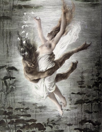 Mostro marino rapisce una giovane donna (dettaglio di 14299), Allegorien, Martin Gerlach, c. 1900 da Martin senior Gerlach