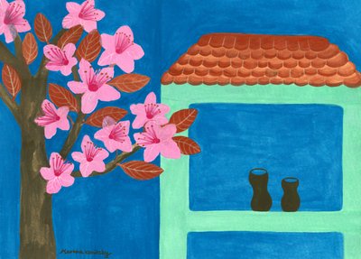 Il prugno in fiore presso la casa verde menta da Martina Konitzky