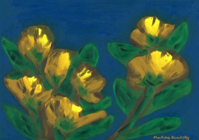 Rose gialle cielo serale composizione marrone giallo blu da Martina Konitzky