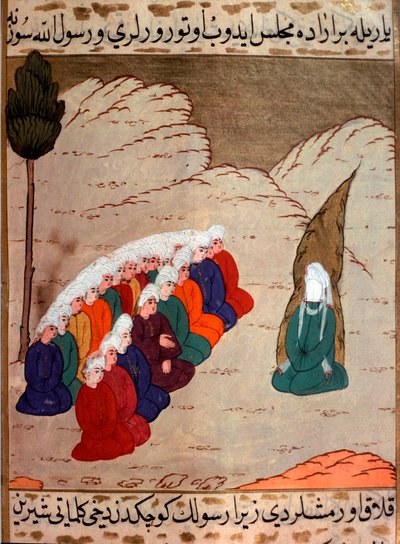 Rappresentazione del profeta Maometto (570-632) (volto coperto) che predica ai membri della tribù di Abd al-Muttalib. Miniatura tratta da 