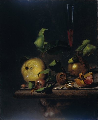 Natura morta con mele cotogne, nespole e un bicchiere da Martinus Nellius