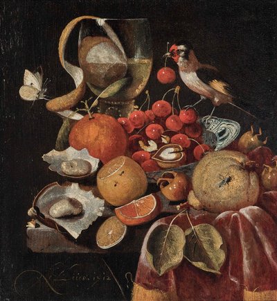 Natura morta di frutta con cardellino da Martinus Nellius