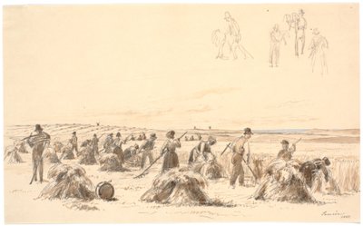 Lavoratori del raccolto nei campi. Sullo sfondo mulini e mare da Martinus Rørbye