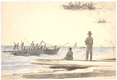 Due barche da pesca che navigano verso la spiaggia di Skagen da Martinus Rørbye