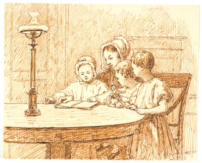 Una madre mostra un libro a tre bambini da Martinus Rørbye