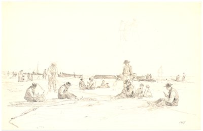 Pescatori che riparano le reti sulla spiaggia, Skagen da Martinus Rørbye