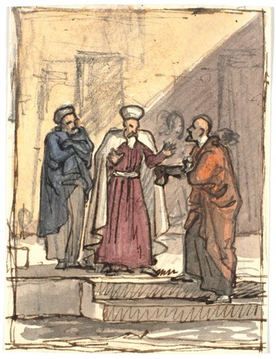Studio di composizione con tre uomini in piedi su una scala a due gradini da Martinus Rørbye