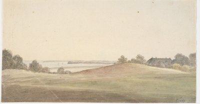 Paesaggio con acqua sullo sfondo e casa a destra da Martinus Rørbye