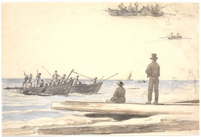 Due barche da pesca che navigano verso la spiaggia di Skagen da Martinus Rørbye