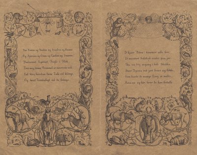Due copertine con ornamenti a catena intrecciata con animali per "Cinquanta favole per bambini" con scrittura da Martinus Rørbye