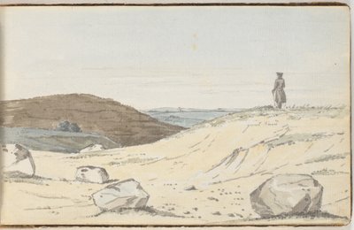 Vista su una brughiera o paesaggio dunale. In primo piano alcune grandi colline; su una di esse un uomo guarda oltre la pianura da Martinus Rørbye