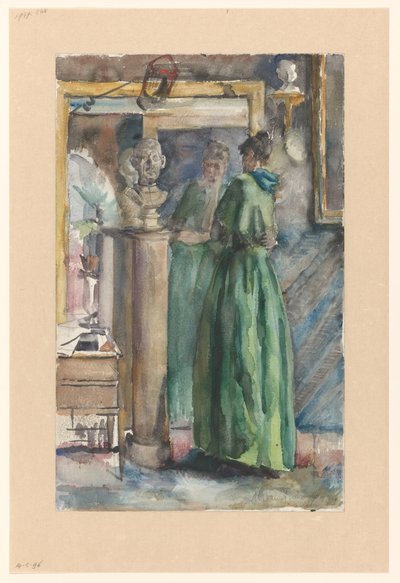 Signora in abito verde davanti a uno specchio da Martinus van Andringa