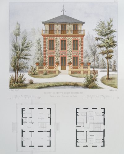 Progetto per una piccola casa di campagna vicino a Parigi, inciso da Walter, tavola 18 da Architecture Pittoresque et Moderne da Marty