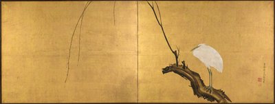 Airone su un ramo di salice, schermo pieghevole a due pannelli, fine 1700 da Maruyama Okyo