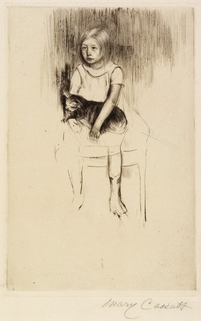 Ellen che tiene un gatto, guardando a sinistra, c. 1887 da Mary Cassatt