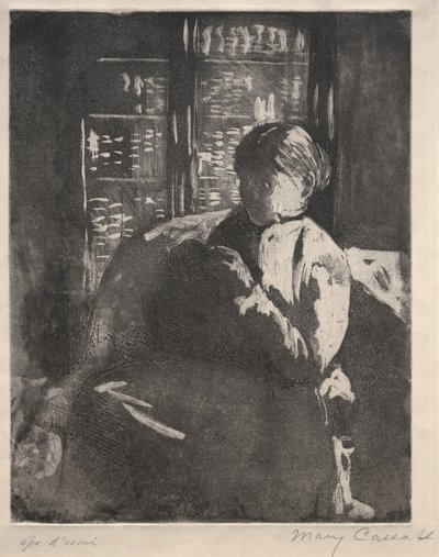 Lavoro a maglia in biblioteca, c. 1881 da Mary Cassatt
